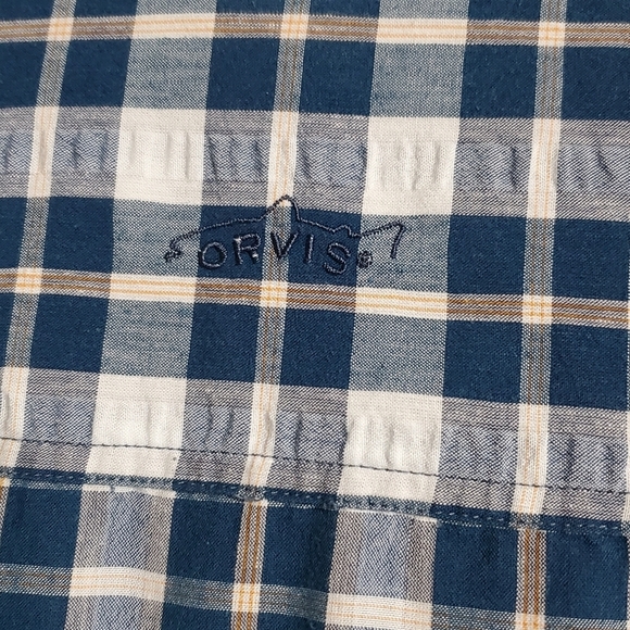 Orvis Plaid Button Down Short Sleeve Shirt Teal Blue White Linen Blend Size XL - Picture 4 of 6